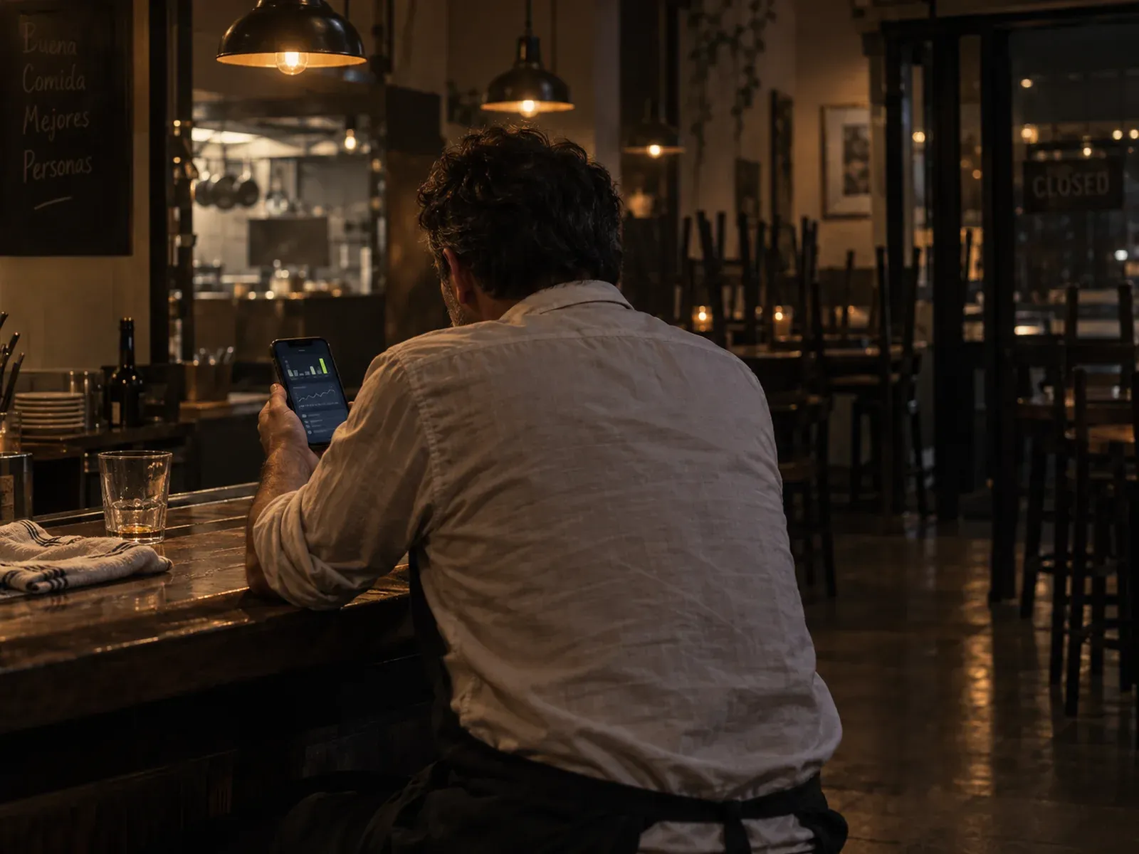 Dueño de un restaurante de espaldas en la barra, al cerrar, mirando un informe breve en el móvil