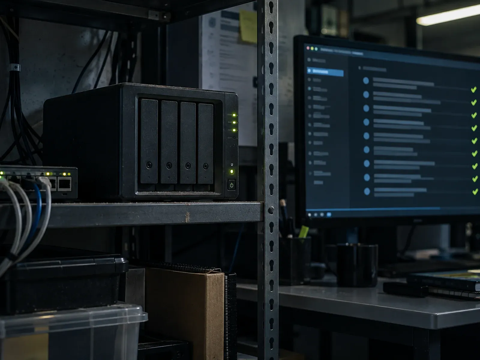 Servidor NAS en una estantería junto a un monitor con un registro de tareas completadas