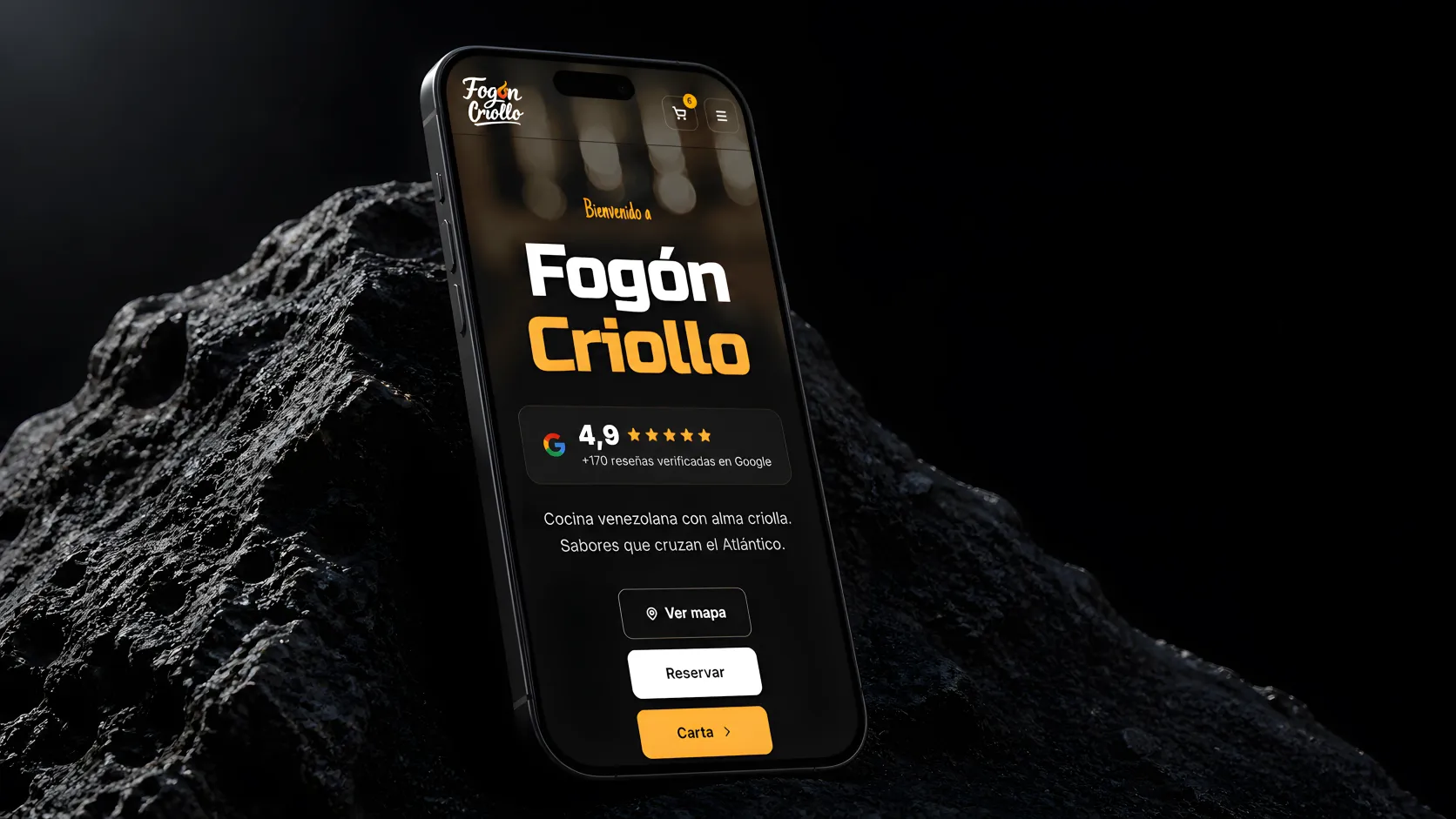 Fogón Criollo — mockup home móvil