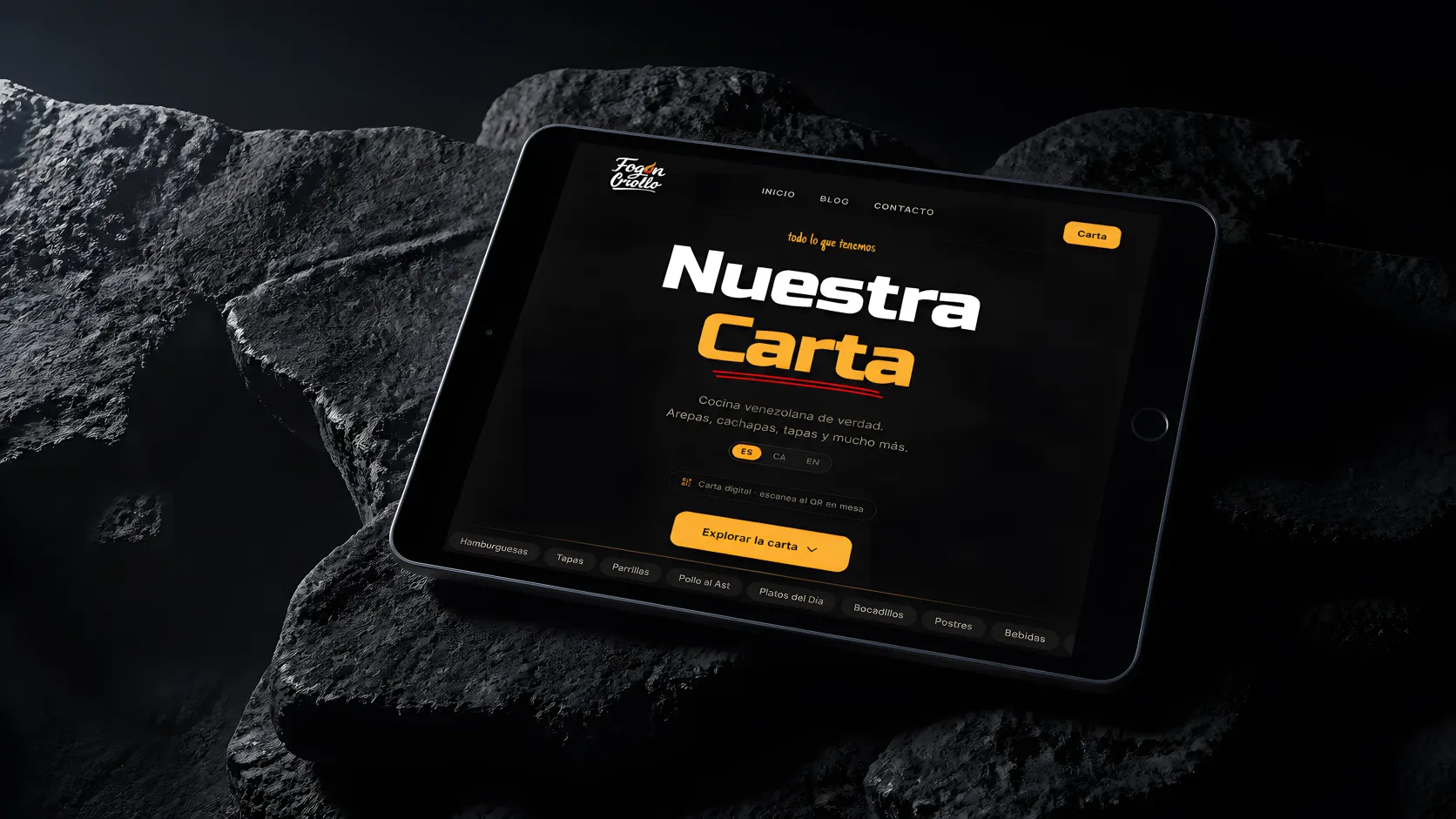 Fogón Criollo — mockup iPad carta