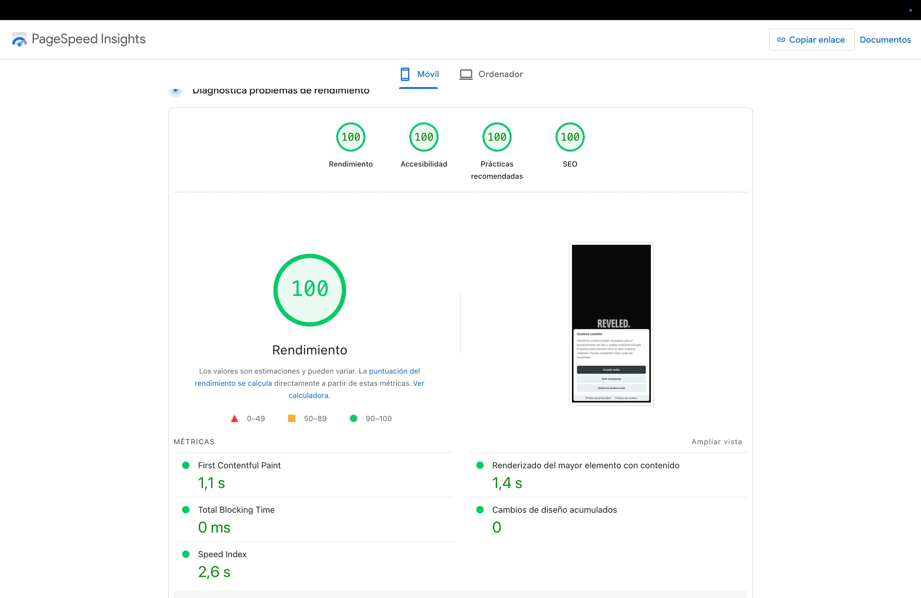 Resultado de Google PageSpeed Insights para reveled.studio mostrando 100 en rendimiento móvil