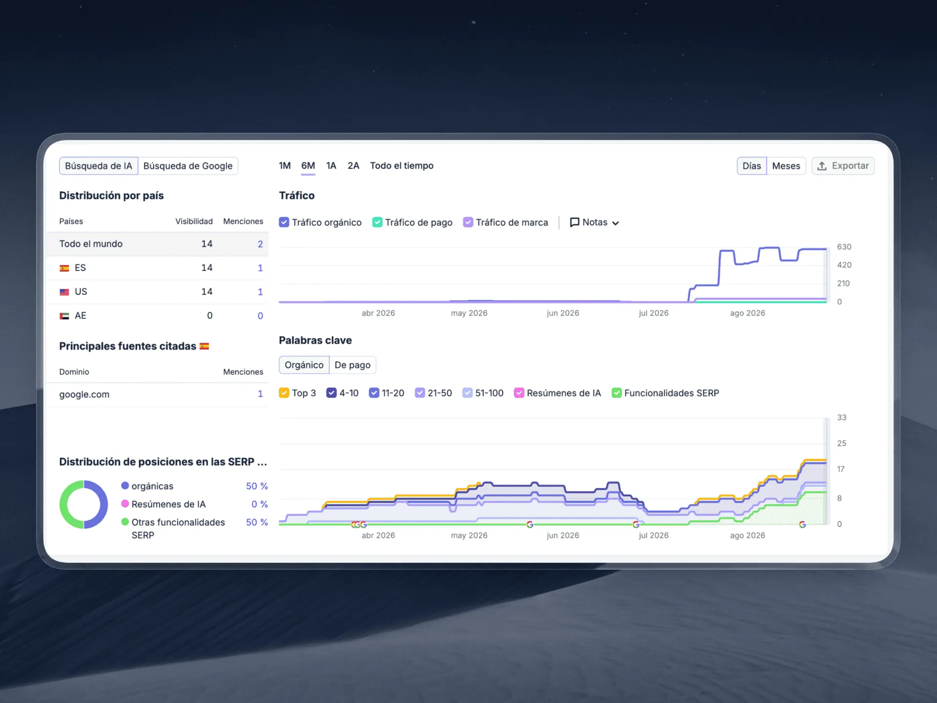 Dashboard real de tráfico y posicionamiento de un cliente de Reveled